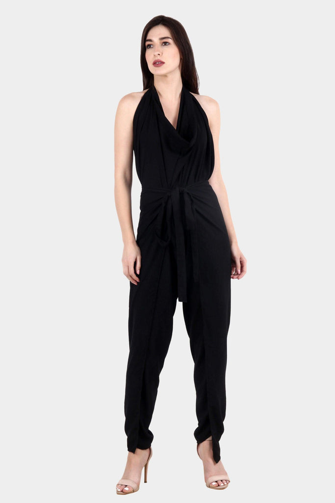 Model wearing Polyester Jumpsuit with Pattern type: Solid-2