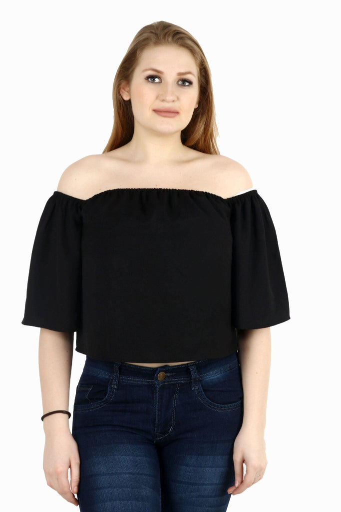 Model wearing Poly Crepe Crop Top with Pattern type: Solid-4