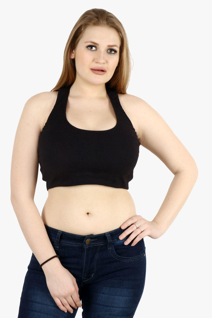 Model wearing Cotton Crop Top with Pattern type: Solid-1