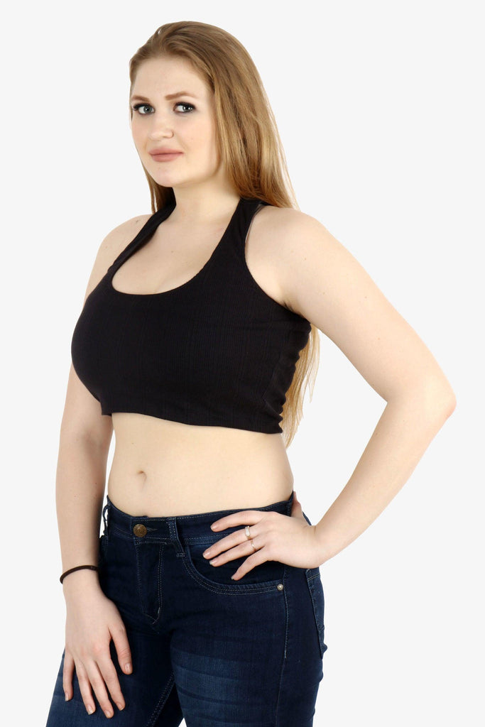 Model wearing Cotton Crop Top with Pattern type: Solid-4