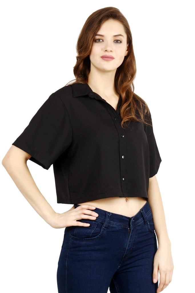 Model wearing Poly Crepe Crop Top with Pattern type: Solid-6