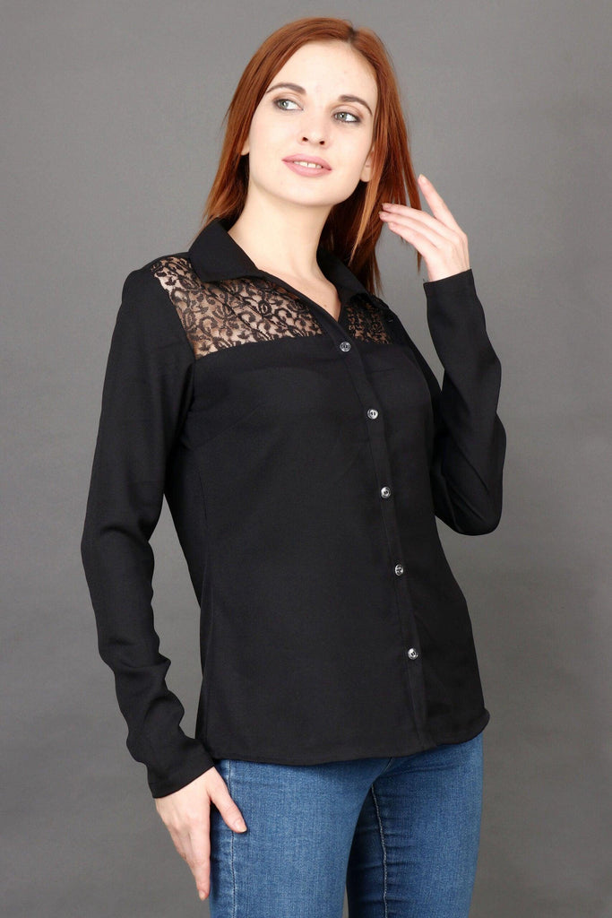 Model wearing Polyester Shirt with Pattern type: Solid-4