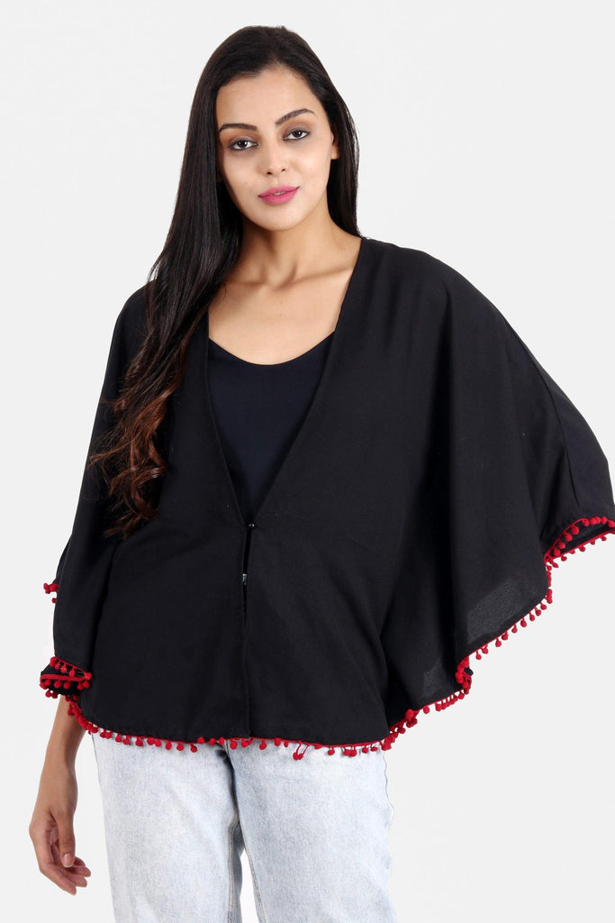 Model wearing Poly Crepe Shrug with Pattern type: Solid-1