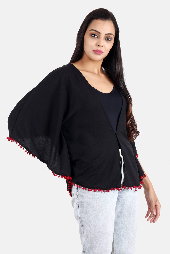 Model wearing Poly Crepe Shrug with Pattern type: Solid-3