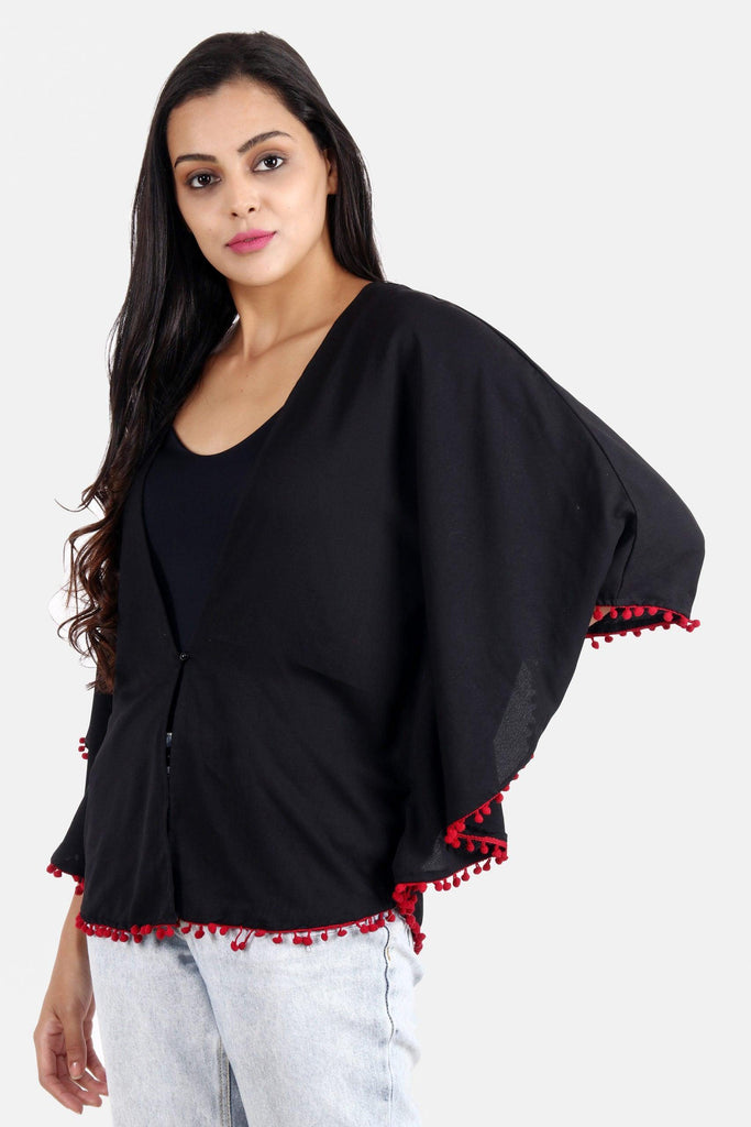 Model wearing Poly Crepe Shrug with Pattern type: Solid-4