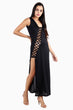 Black Solid Side Slit Maxi Dress with Diagonal Criss Cross Cutout