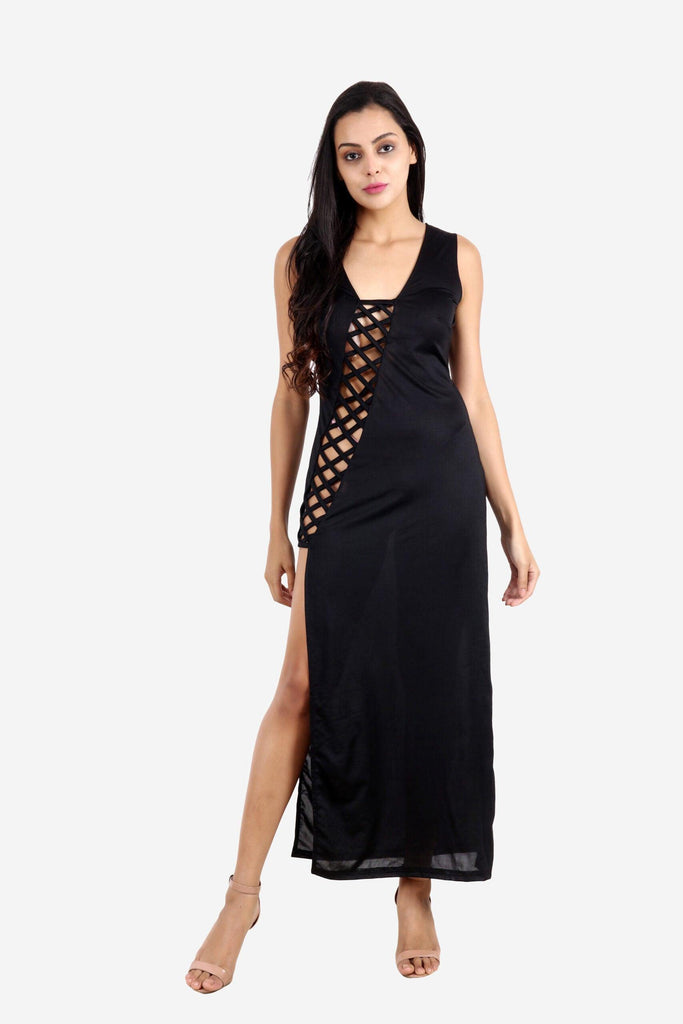 Model wearing Poly Lycra Maxi Dress with Pattern type: Solid-6
