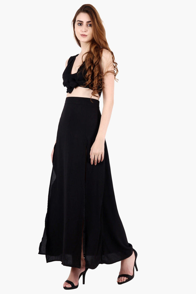 Model wearing Polyester Maxi Skirt with Pattern type: Solid-3