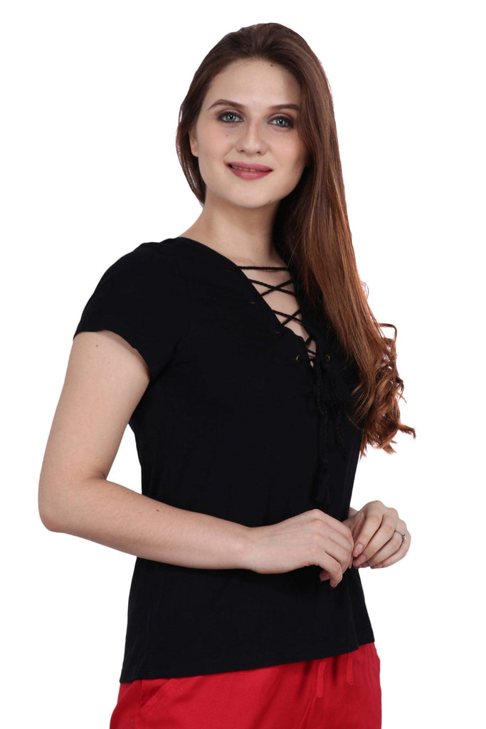 Model wearing Poly Crepe Top with Pattern type: Solid-4