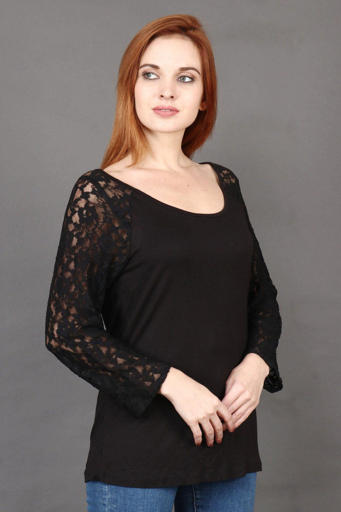Model wearing Viscose Elastane Top with Pattern type: Solid-1