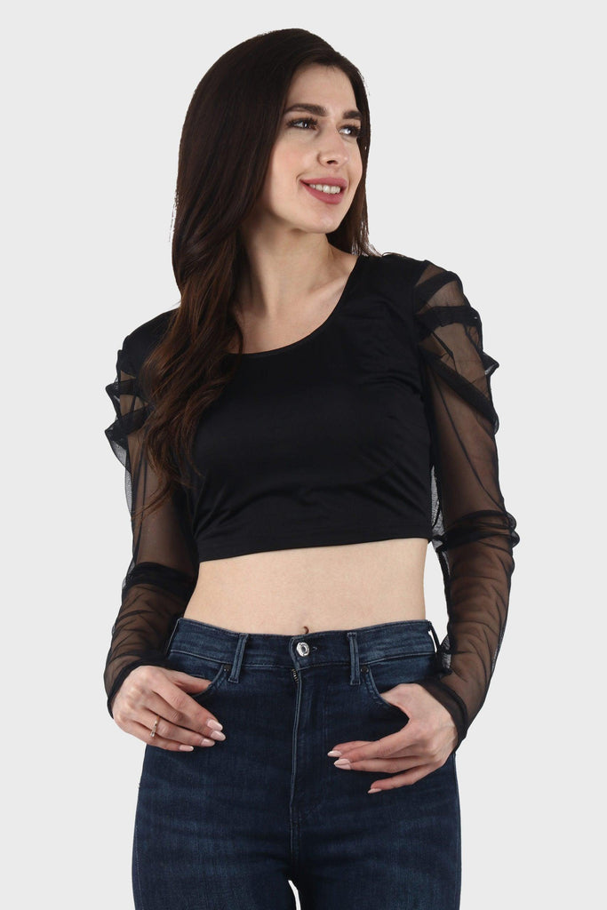 Model wearing Poly Lycra Crop Top with Pattern type: Solid-1