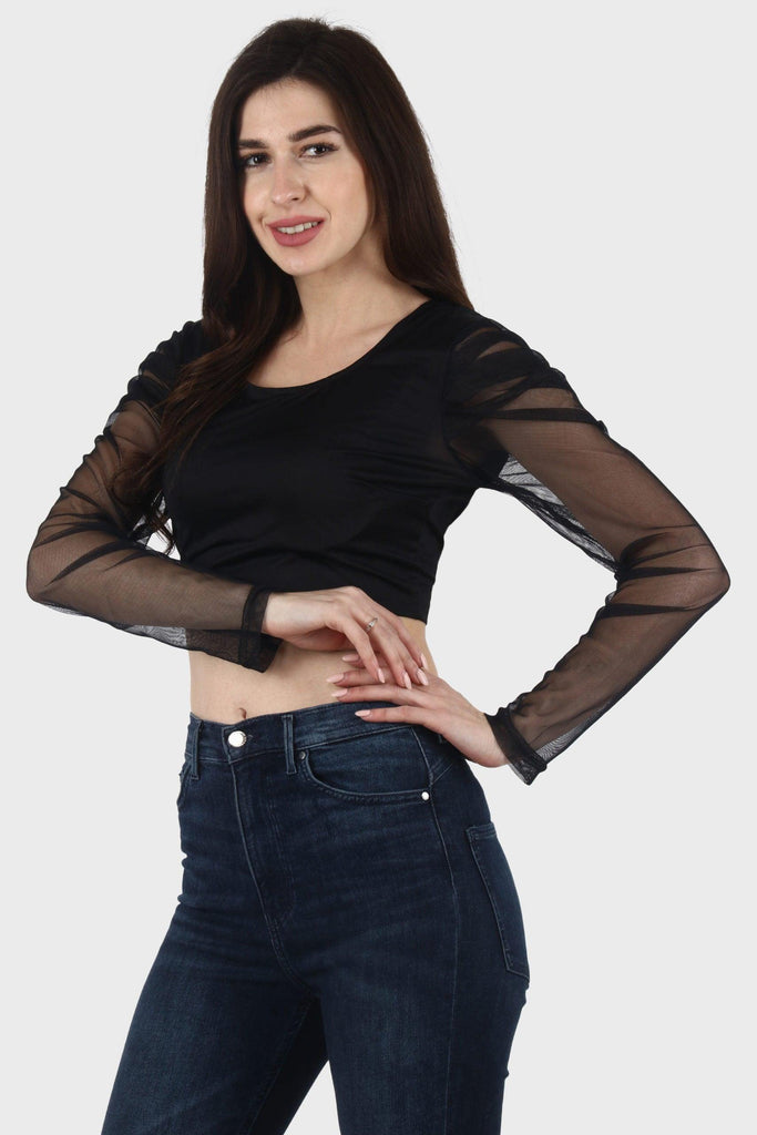 Model wearing Poly Lycra Crop Top with Pattern type: Solid-3