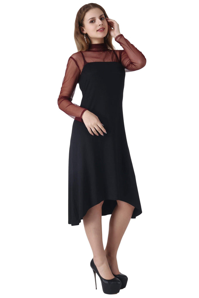 Model wearing Viscose Lycra Mini Dress with Pattern type: Solid-1