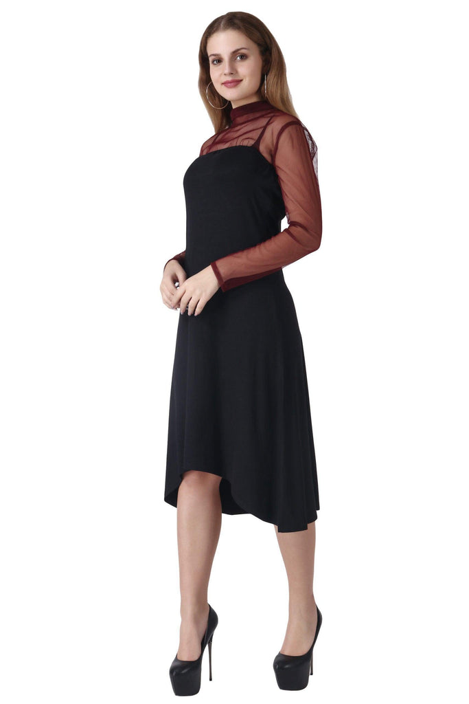 Model wearing Viscose Lycra Mini Dress with Pattern type: Solid-2