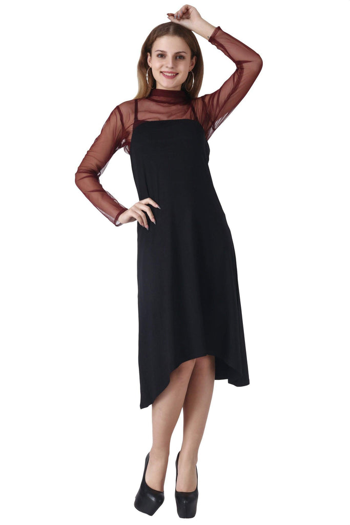 Model wearing Viscose Lycra Mini Dress with Pattern type: Solid-4