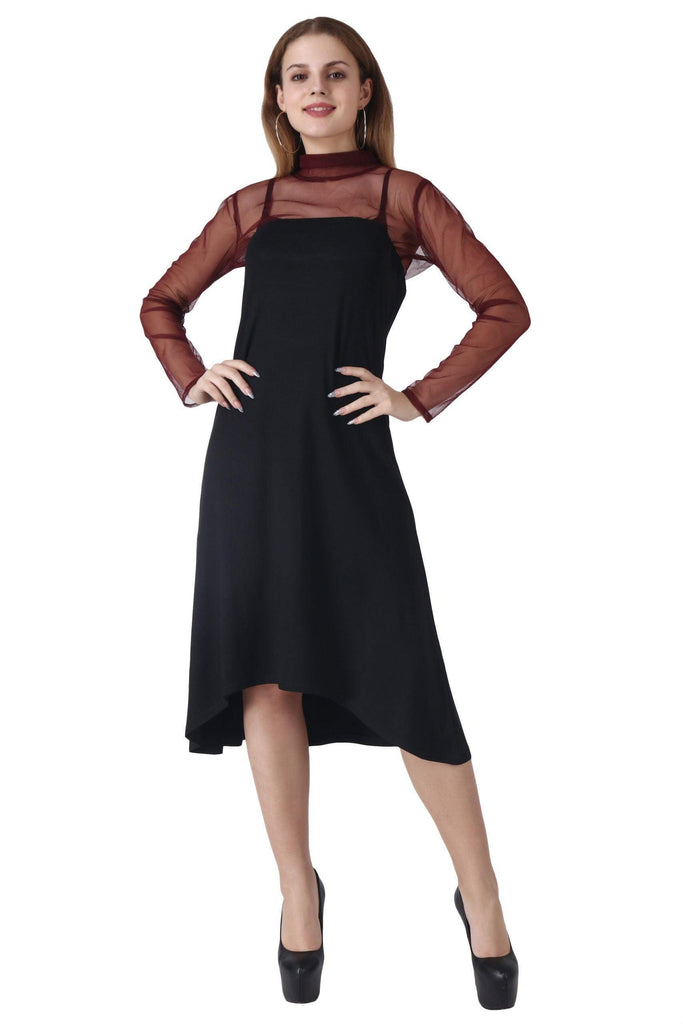 Model wearing Viscose Lycra Mini Dress with Pattern type: Solid-5