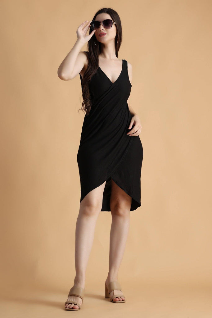 Model wearing Viscose Lycra Mini Dress with Pattern type: Solid-6