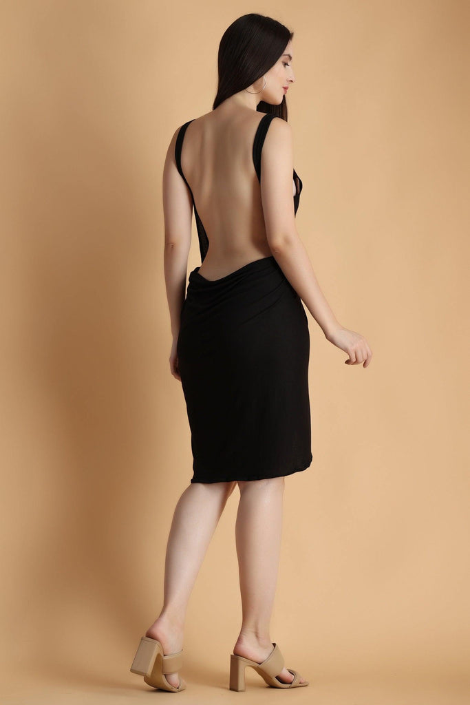 Model wearing Viscose Lycra Mini Dress with Pattern type: Solid-7