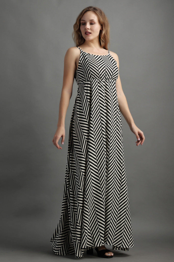 Model wearing Poly Crepe Maxi Dress with Pattern type: Zebra-1
