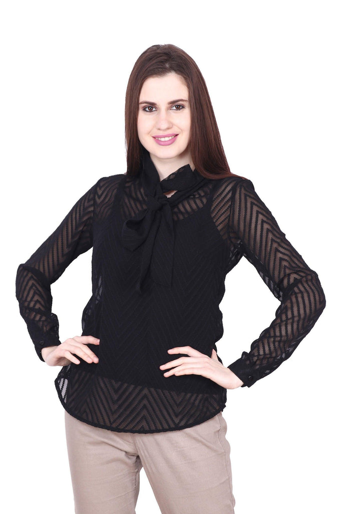 Model wearing Polyster Georgette Top with Pattern type: Zig Zag Dobby-1