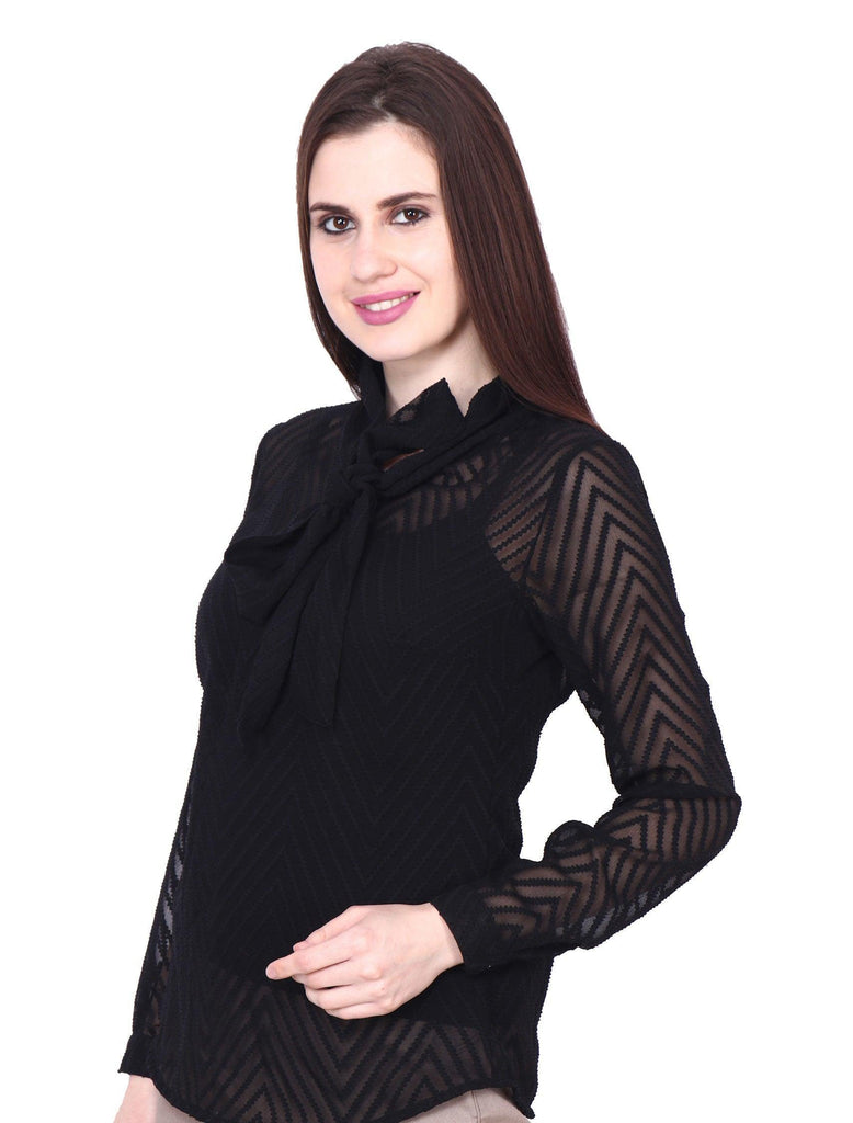 Model wearing Polyster Georgette Top with Pattern type: Zig Zag Dobby-3