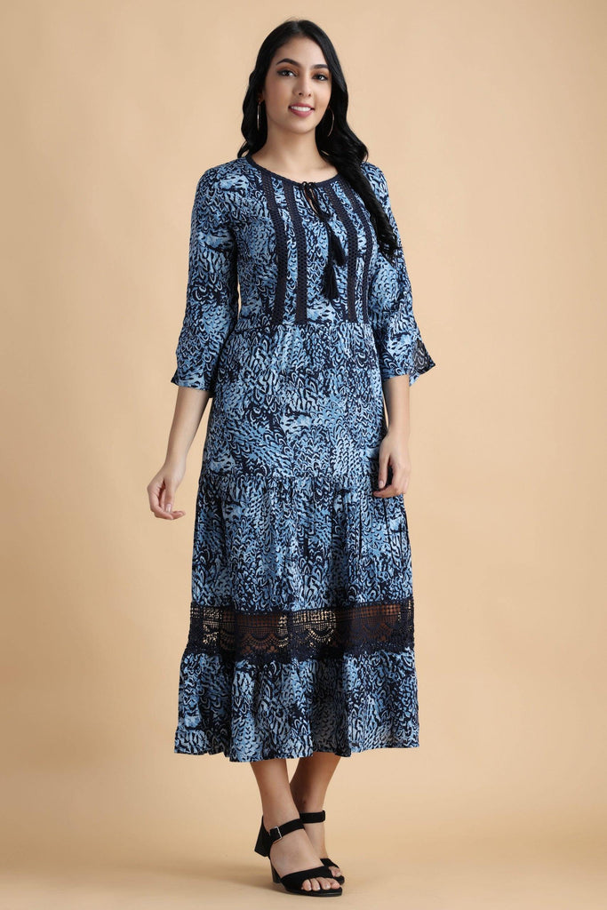 Model wearing Viscose Crepe Maxi Dress with Pattern type: Abstract-1