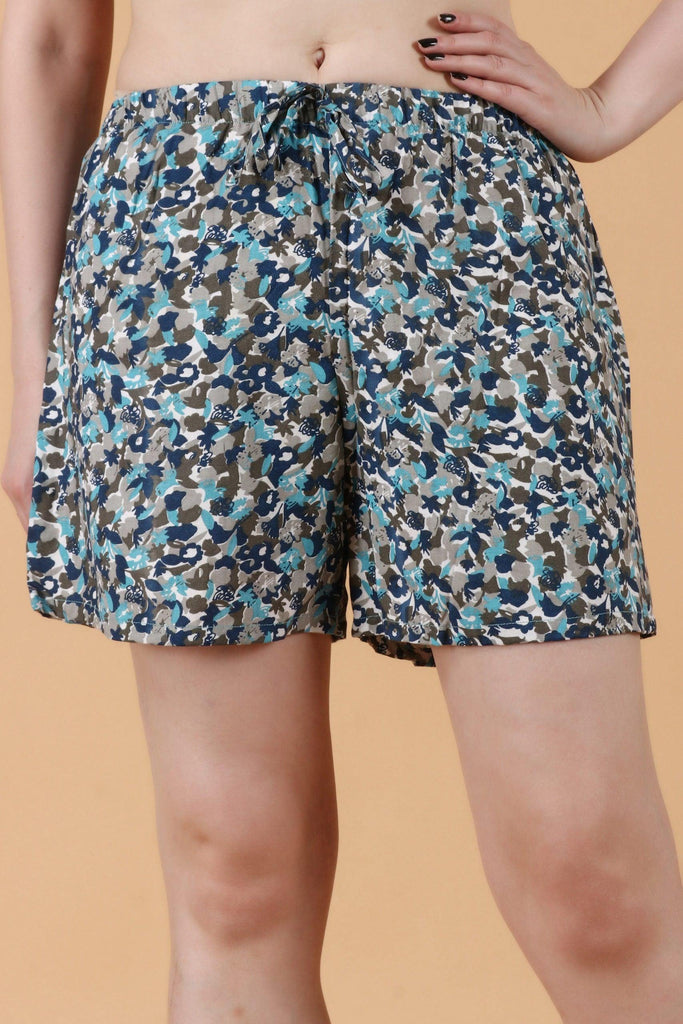 Model wearing Rayon Shorts with Pattern type: Graphic-1