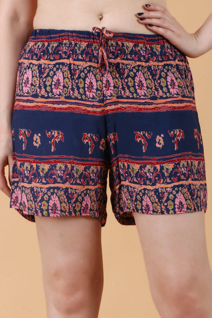 Model wearing Rayon Shorts with Pattern type: Floral-1