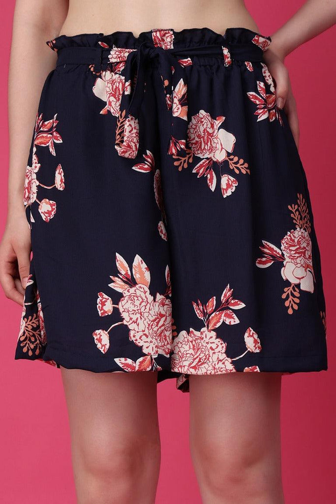 Model wearing Poly Crepe Shorts with Pattern type: Floral-1