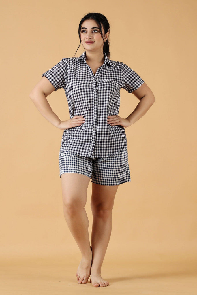 Model wearing Cotton Night Suit Set with Pattern type: Checked-1