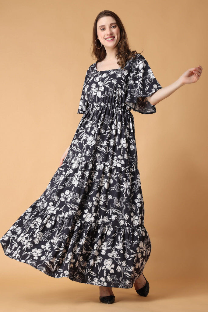 Model wearing Poly Crepe Maxi Dress with Pattern type: Floral-1