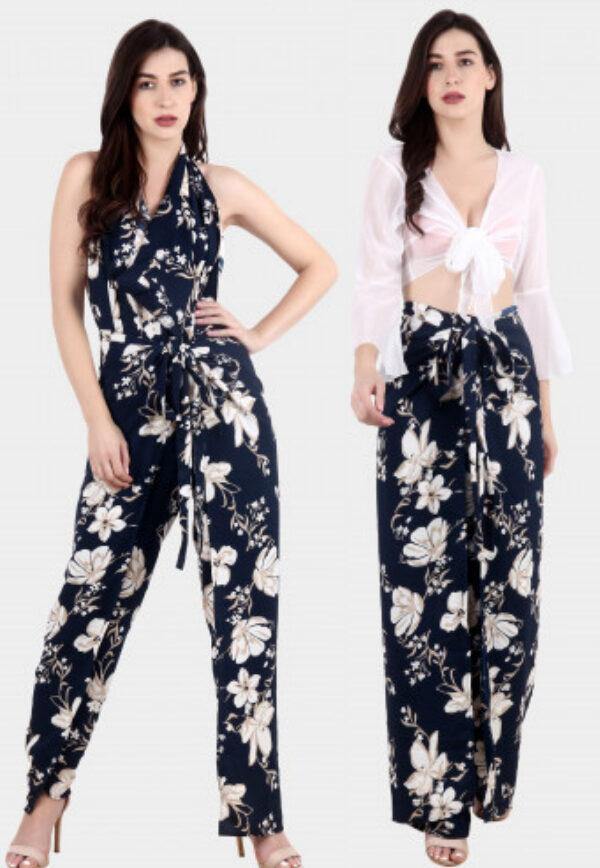 Model wearing Polyester Jumpsuit with Pattern type: Floral-1