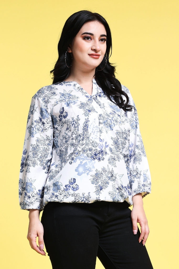 Model wearing Poly Blended Top with Pattern type: Floral-4