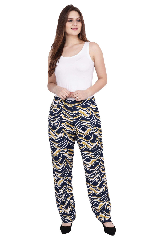 Model wearing Poly Crepe Trousers with Pattern type: Whale-1