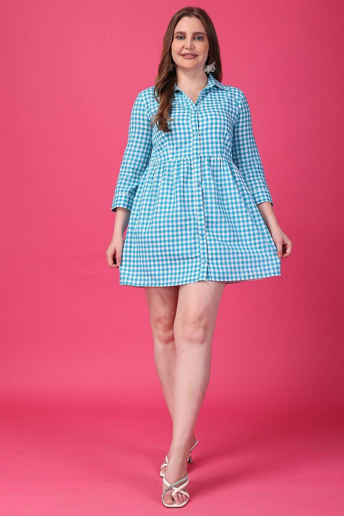 Model wearing Cotton Mini Dress with Pattern type: Checked-1