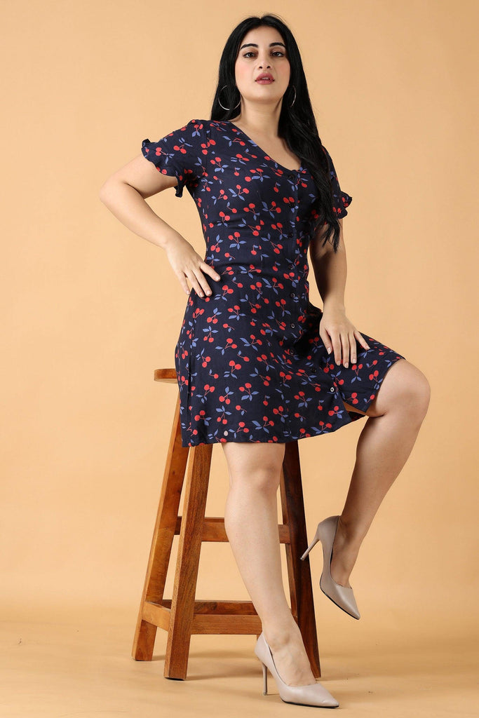 Model wearing Rayon Mini Dress with Pattern type: Cherry-1