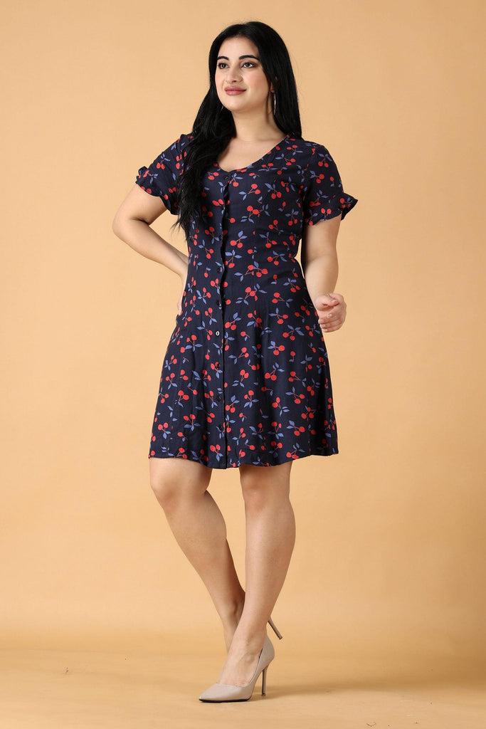 Model wearing Rayon Mini Dress with Pattern type: Cherry-2