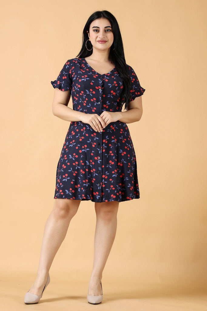 Model wearing Rayon Mini Dress with Pattern type: Cherry-4