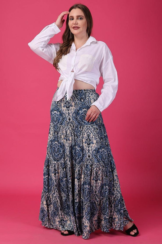 Model wearing Viscose Crepe Maxi Skirt with Pattern type: Ethnic-2