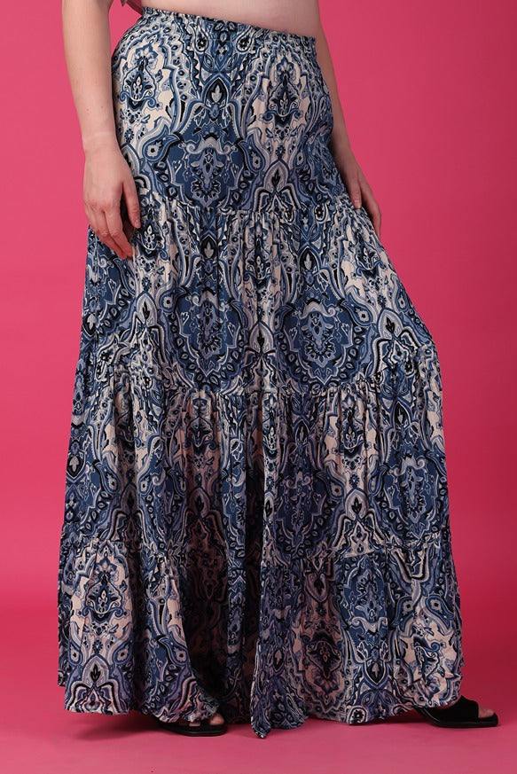 Model wearing Viscose Crepe Maxi Skirt with Pattern type: Ethnic-5