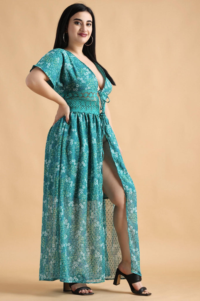 Model wearing Polyster Georgette Shrug with Pattern type: Floral Dobby Print-6