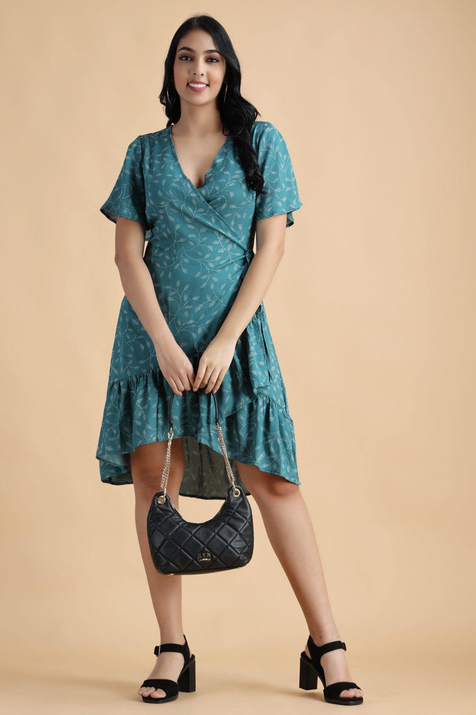 Model wearing Viscose Crepe Mini Dress with Pattern type: Floral-3