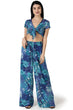 Blue Floral-Leaf Printed Front Tie Top with Flared Pyjama