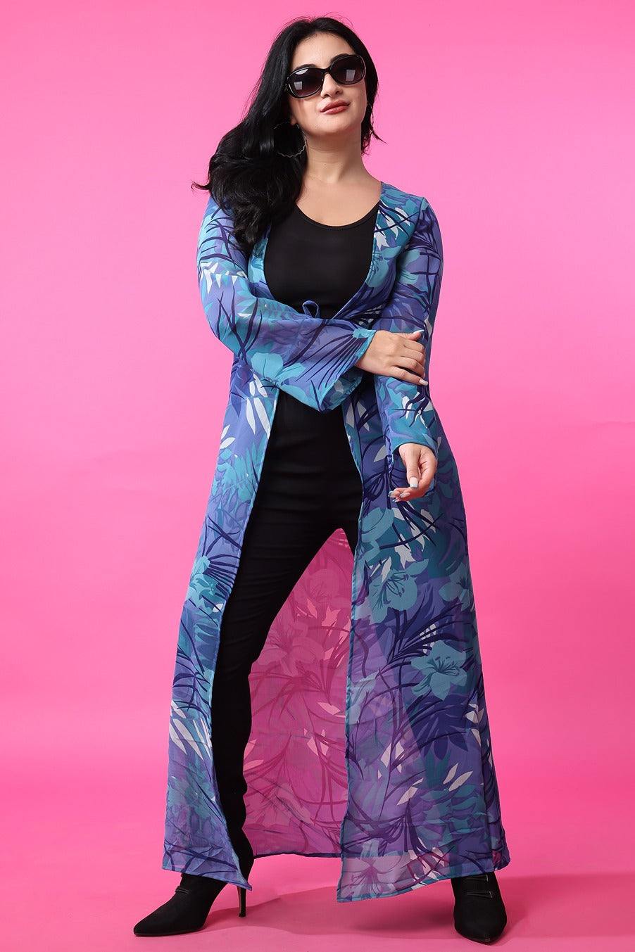 Blue Floral Leaf Printed Long Shrug - Main Image
