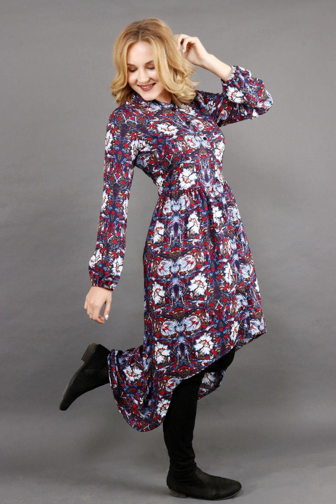 Model wearing Rayon Midi Dress with Pattern type: Floral-1