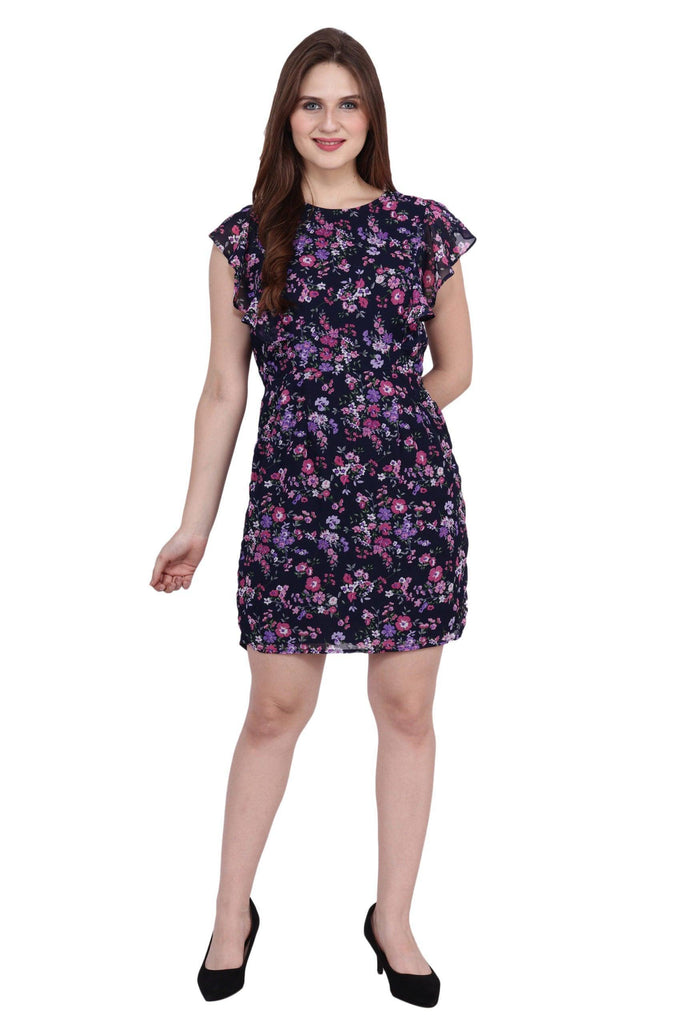 Model wearing Polyster Georgette Mini Dress with Pattern type: Floral-3