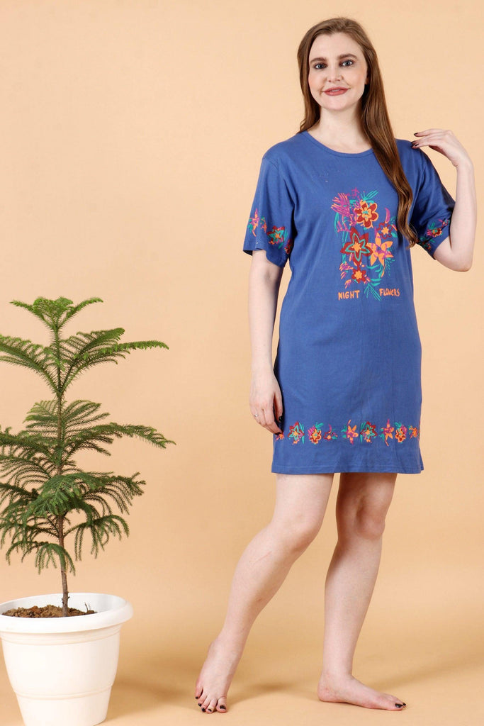 Model wearing Cotton Elastane Mini Night Dress with Pattern type: Floral-1