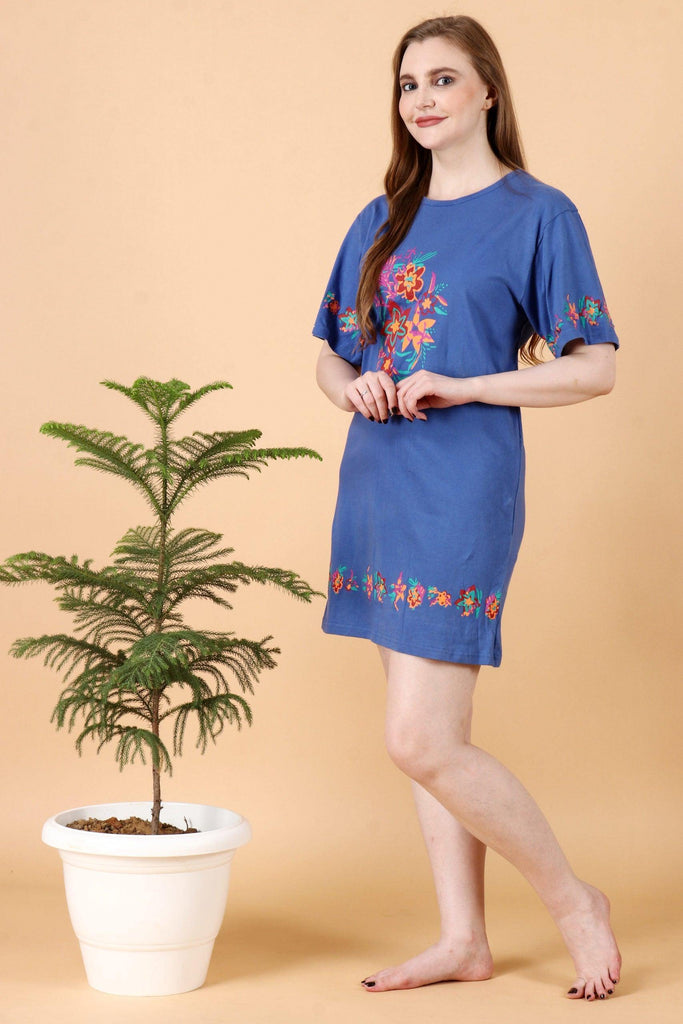 Model wearing Cotton Elastane Mini Night Dress with Pattern type: Floral-3