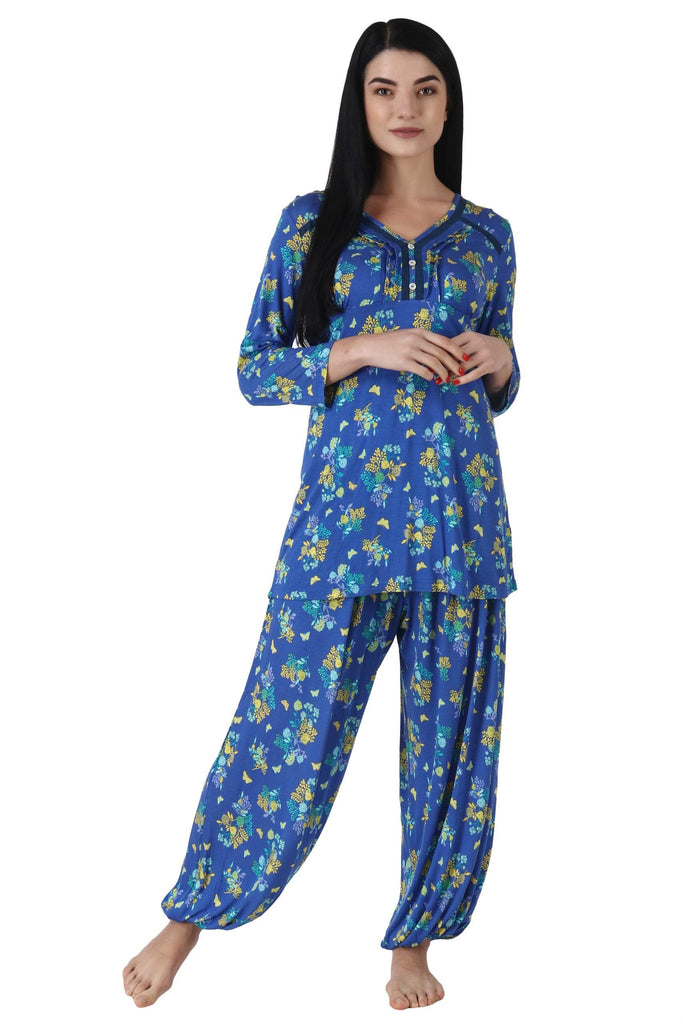 Model wearing Viscose Night Suit Set with Pattern type: Floral-3