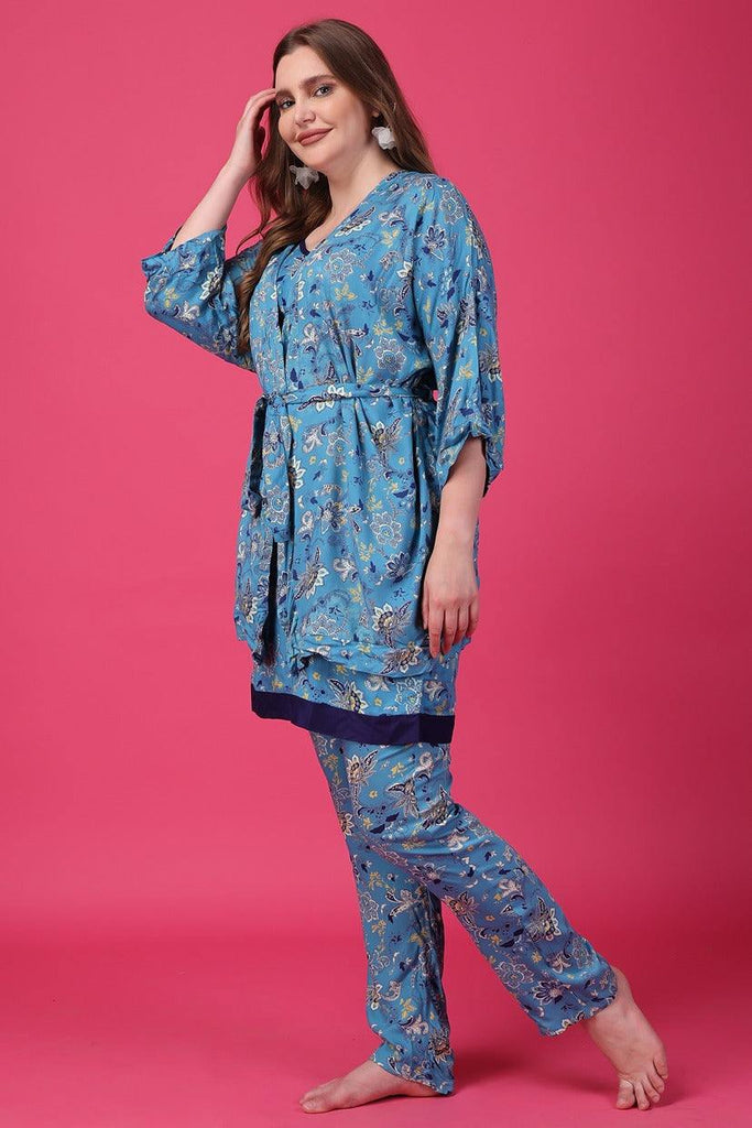 Model wearing Rayon Night Suit Set with Pattern type: Floral-3